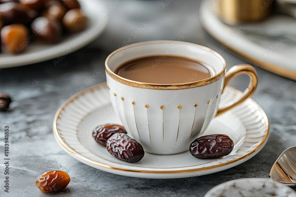 Cup of coffee and dry dates on saucer ready to eat for iftar time. Islamic religion and ramadan concept. Cup of coffee and dry dates on saucer ready to eat for iftar time. Islamic religion and ramadan concept.