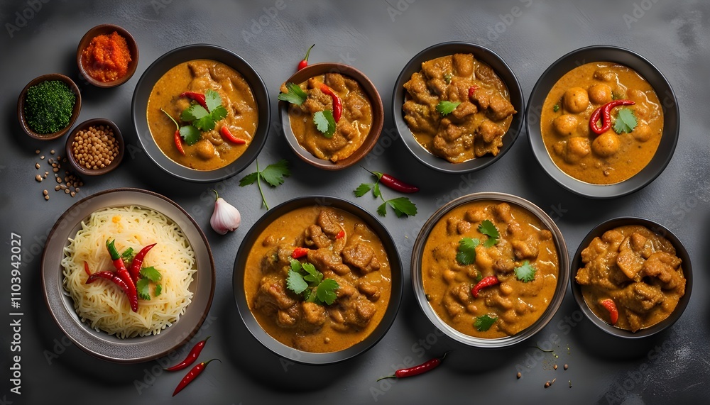Beef rezala, krahi, kala bhuna, korma, qorma with red chilli served in dish isolated on grey background top view food
Beef rezala, krahi, kala bhuna, korma, qorma with red chilli served in dish isolated on grey background top view food
