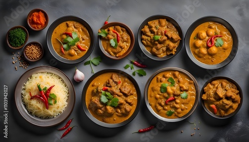 Beef rezala, krahi, kala bhuna, korma, qorma with red chilli served in dish isolated on grey background top view food
 photo