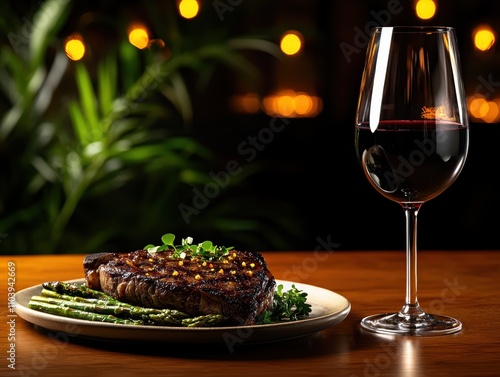 Grilled steak and red wine dinner cozy restaurant food photography romantic ambiance close-up shot culinary indulgence photo