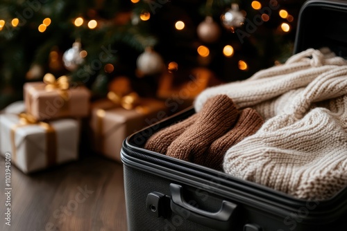 A suitcase filled with warm knitted sweaters set against a backdrop of twinkling holiday lights and wrapped gifts, evoking feelings of warmth and comfort during the festive season. photo