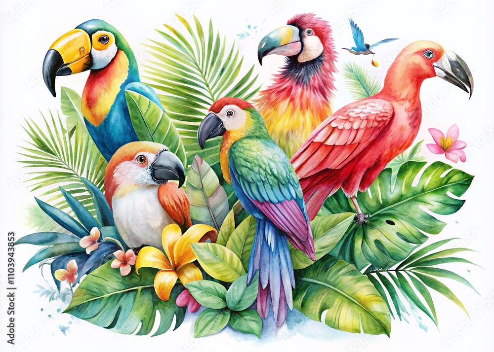 Obraz premium Vibrant Watercolor Illustration of Tropical Birds Including Parrots, Cockatoo, Flamingo, and Toucan Against a White Background with Ample Copy Space for Design Projects