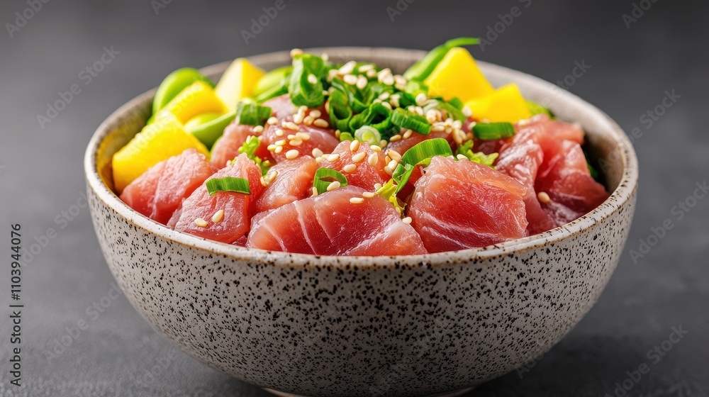 Fresh Tuna Salad with Mango and Green Onion in a Decorative Bowl Fresh Tuna Salad with Mango and Green Onion in a Decorative Bowl