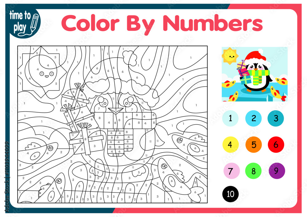 Obraz premium children's educational tasks, games. puzzle. coloring by numbers. Christmas tree. Christmas balls. penguin. deer. 