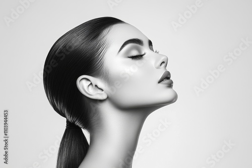 A striking profile of a woman with sleek hair and elegant makeup, captured in a high-contrast black-and-white style.