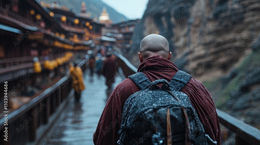 A solitary monk with a backpack walking through a rainy mountain path, echoing a sense of solitude, persistence, and the beauty of nature in a traditional setting. A solitary monk with a backpack walking through a rainy mountain path, echoing a sense of solitude, persistence, and the beauty of nature in a traditional setting.