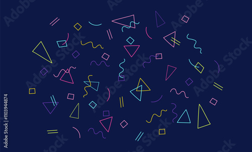 Bright neon confetti explosion on dark blue background. Festive banner with geometric elements. Style 80-90. Retro neon confetti banner. For birthday celebrations, holidays, and party decorations