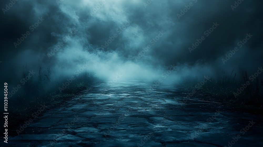 Foggy Night Path Stone Road Mystical Scene Foggy Night Path Stone Road Mystical Scene