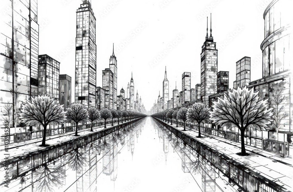 Obraz premium A tranquil view of a city skyline features tall buildings reflected in still water with trees lining the riverbank under a twilight sky. Generative AI