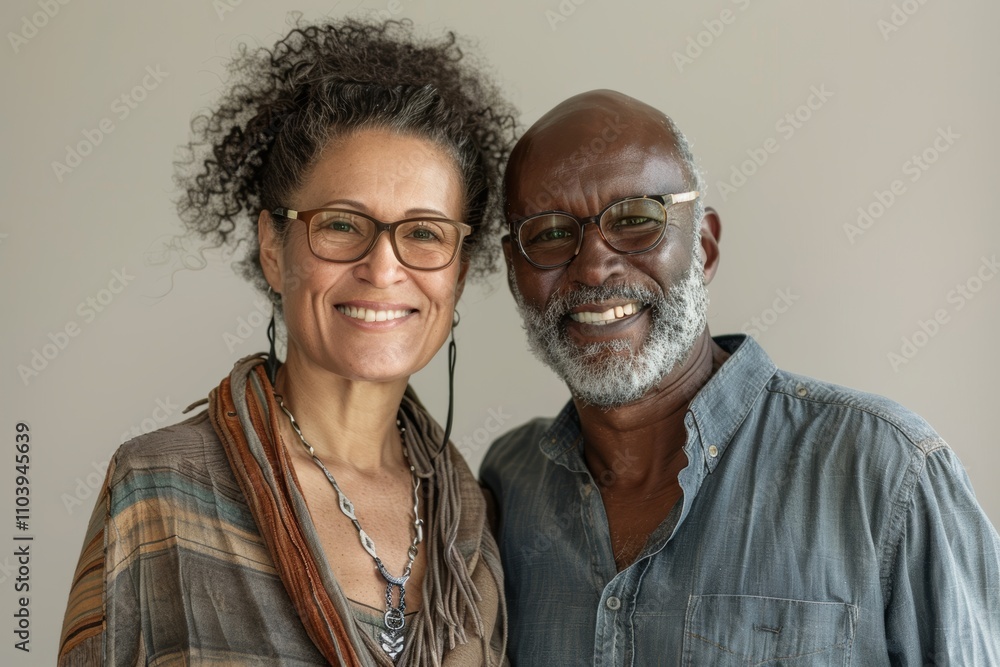 Portrait of a smiling multicultural couple in their 50s wearing a versatile buff over blank studio backdrop Portrait of a smiling multicultural couple in their 50s wearing a versatile buff over blank studio backdrop