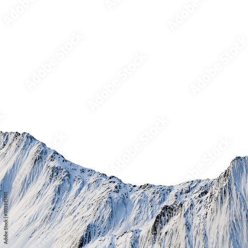 The horizontal landscape of white tall mountain cut out, isolated, transparent background render in 3d