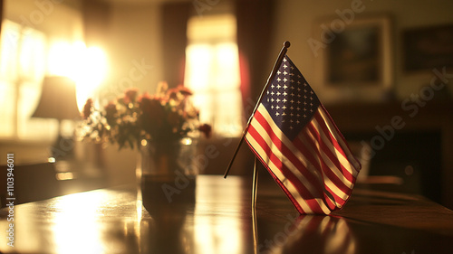 American flag displayed on a wooden table in a sunlit room with flowers photo