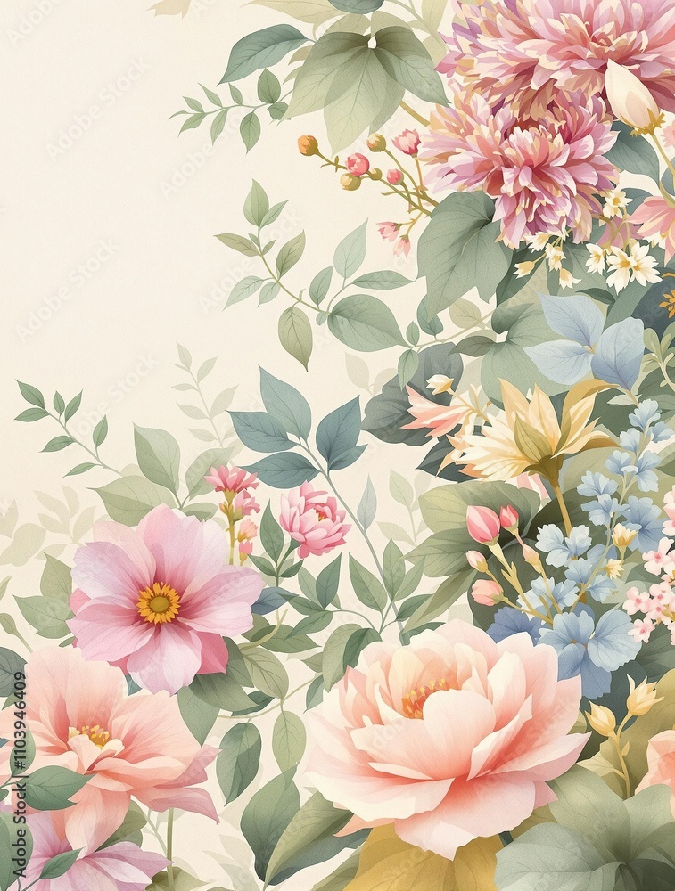 Beautiful hand-painted botanical design with light hues, summer, soft light, airy, flora Beautiful hand-painted botanical design with light hues, summer, soft light, airy, flora