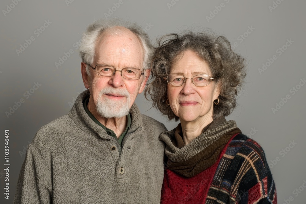 Portrait of a content couple in their 60s dressed in a comfy fleece pullover while standing against blank studio backdrop Portrait of a content couple in their 60s dressed in a comfy fleece pullover while standing against blank studio backdrop