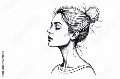 A detailed sketch shows a young woman in profile with a bun hairstyle, highlighting her serene expression and graceful features. Generative AI