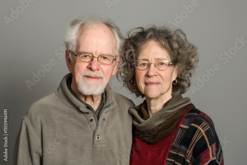 Portrait of a content couple in their 60s dressed in a comfy fleece pullover while standing against blank studio backdrop