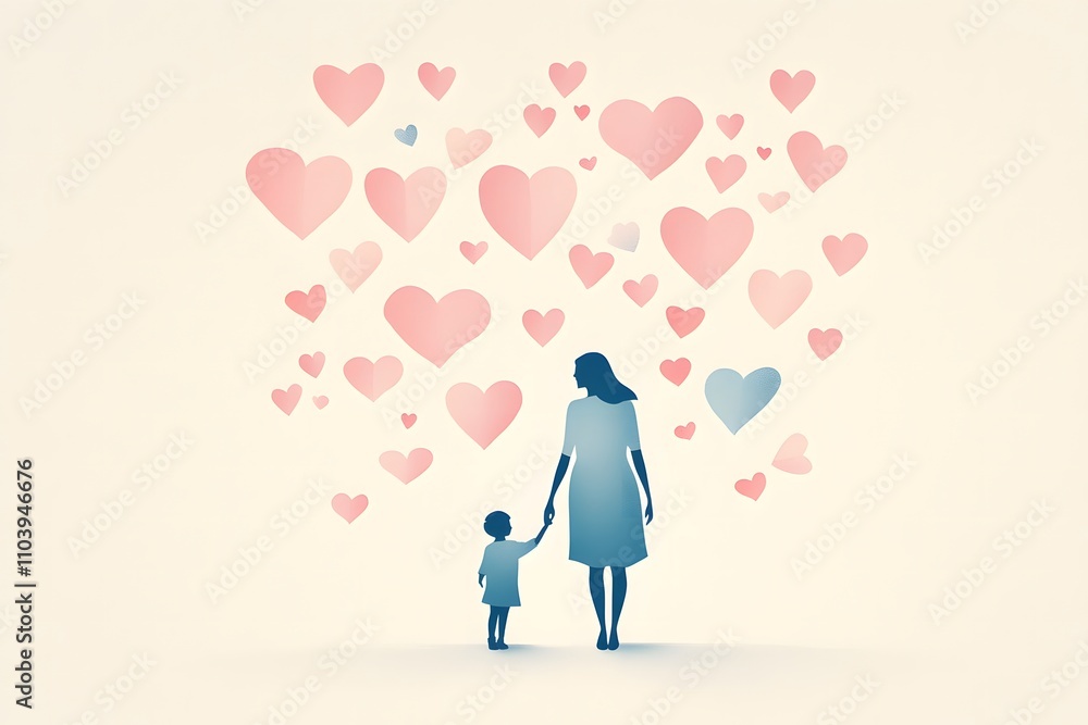 Silhouette of a Mother and Child Holding Hands Surrounded by Colorful Hearts Illustrating Love, Affection, and Bonding in a Dreamy Background Setting Silhouette of a Mother and Child Holding Hands Surrounded by Colorful Hearts Illustrating Love, Affection, and Bonding in a Dreamy Background Setting