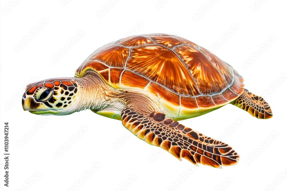 Obraz premium A vibrant sea turtle swims gracefully, showcasing its colorful shell and intricate patterns against a white backdrop.
