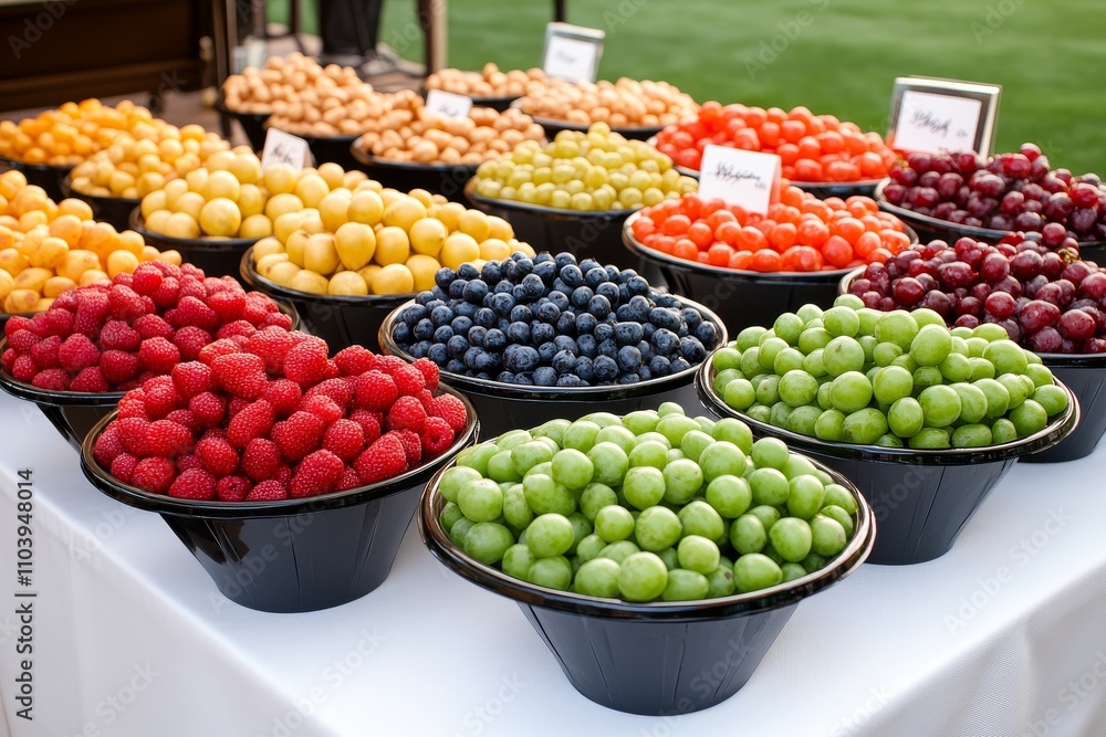 Diversos tazones negros llenos de frutas y bayas frescas organizadas por colores, expuestos en una mesa al aire libre.
Diversos tazones negros llenos de frutas y bayas frescas organizadas por colores, expuestos en una mesa al aire libre.
