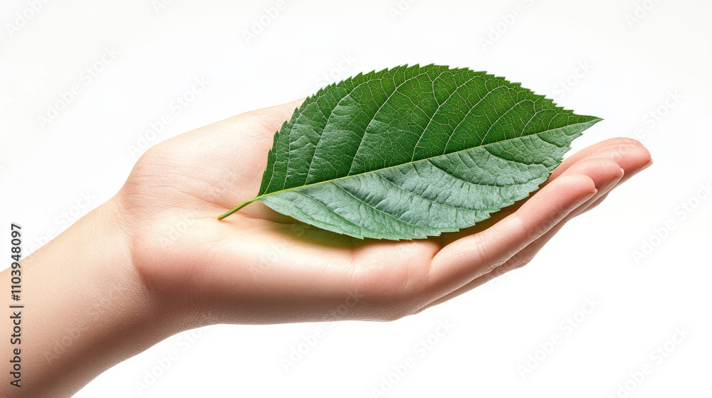 a gentle hand holding a vibrant green leaf, symbolizing environmental awareness a gentle hand holding a vibrant green leaf, symbolizing environmental awareness
