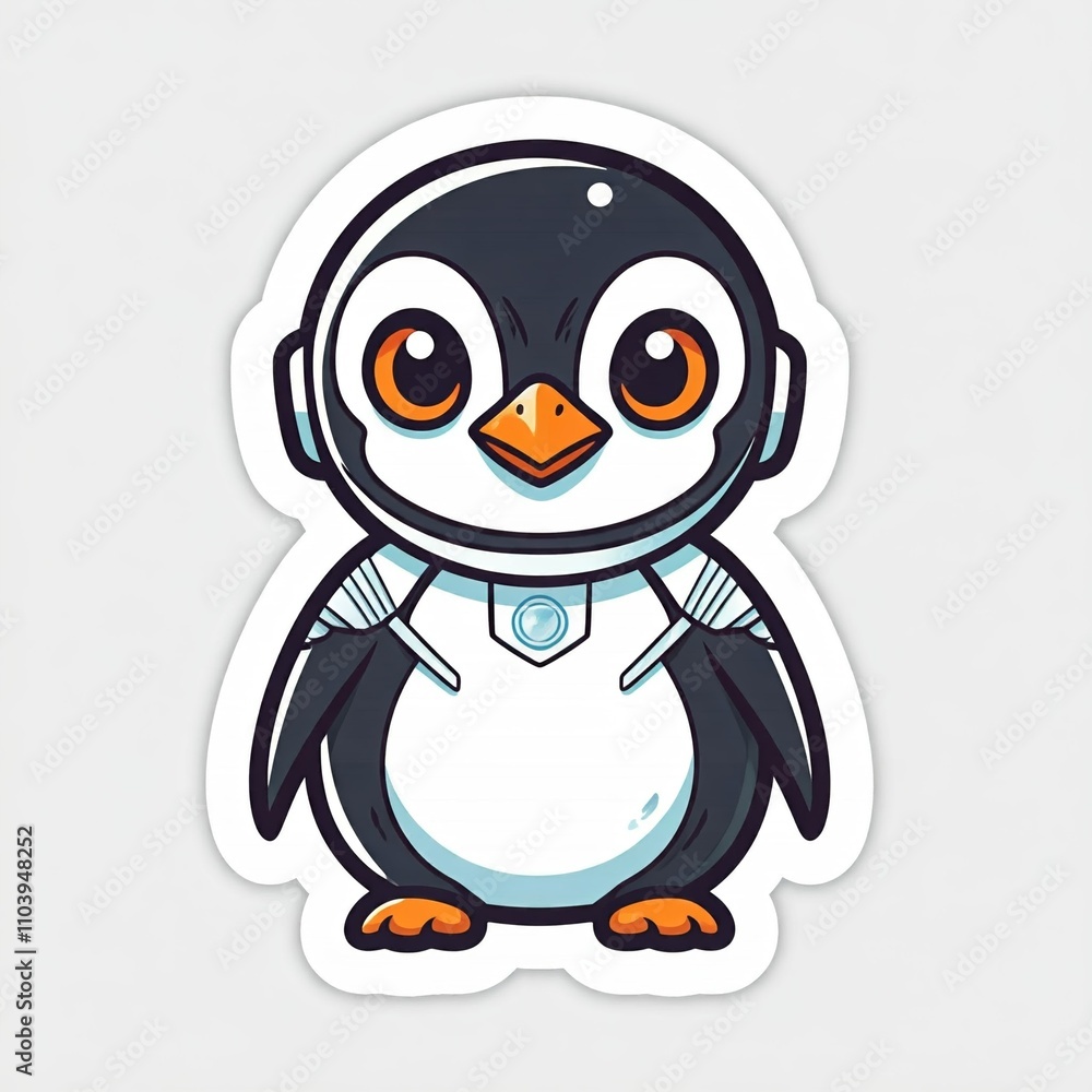 Obraz premium A chibi African penguin superhero with a black and white suit, sporting a small futuristic helmet and glowing eyes. The penguin’s body is sleek and rounded, with exaggerated chibi features like tiny f