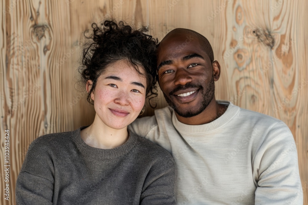 Portrait of a glad mixed race couple in their 30s wearing a thermal fleece pullover over light wood minimalistic setup Portrait of a glad mixed race couple in their 30s wearing a thermal fleece pullover over light wood minimalistic setup