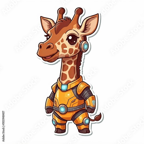 A chibi giraffe superhero with a shiny metallic yellow and brown armor, long neck extending heroically. The giraffe’s large eyes shine with optimism, and its spots are designed in futuristic patterns.