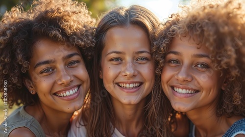 A close portrait of young friends of different ethnicities enjoying together.