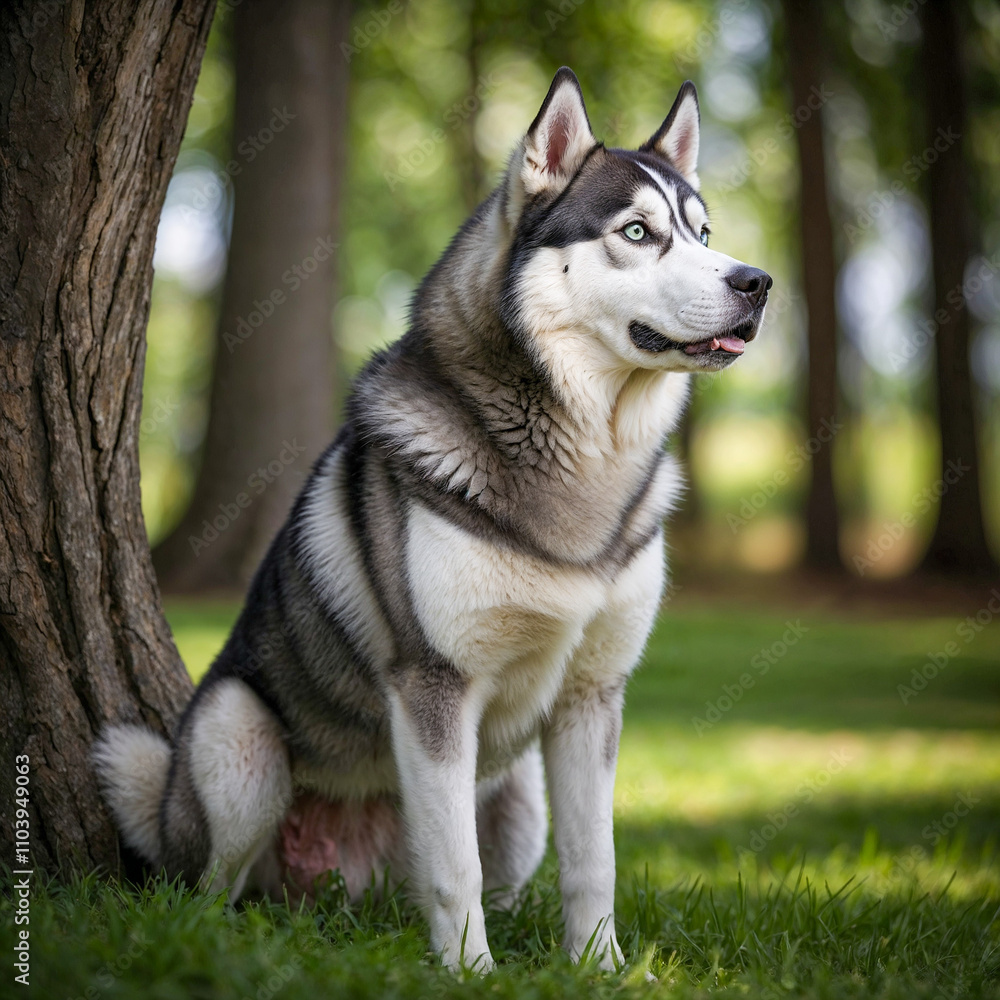 A full-body portrait of a Siberian Husky mother standing proudly on grass, with a blurred green tree background. A full-body portrait of a Siberian Husky mother standing proudly on grass, with a blurred green tree background.