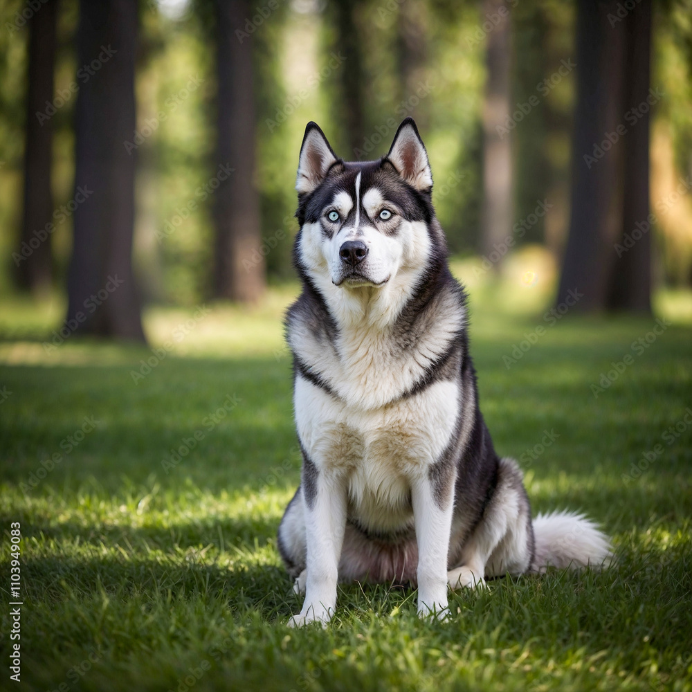 A full-body portrait of a Siberian Husky mother standing proudly on grass, with a blurred green tree background. A full-body portrait of a Siberian Husky mother standing proudly on grass, with a blurred green tree background.