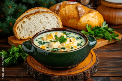  Sopa cremosa con papas, espinaca y perejil fresco acompañada de pan rústico en una mesa decorativa.
 photo