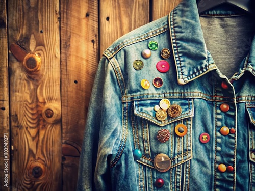 Vintage Denim Jacket with Unique Pins on a Rustic Wooden Background, Capturing Retro Fashion Aesthetics and Nostalgic Style photo