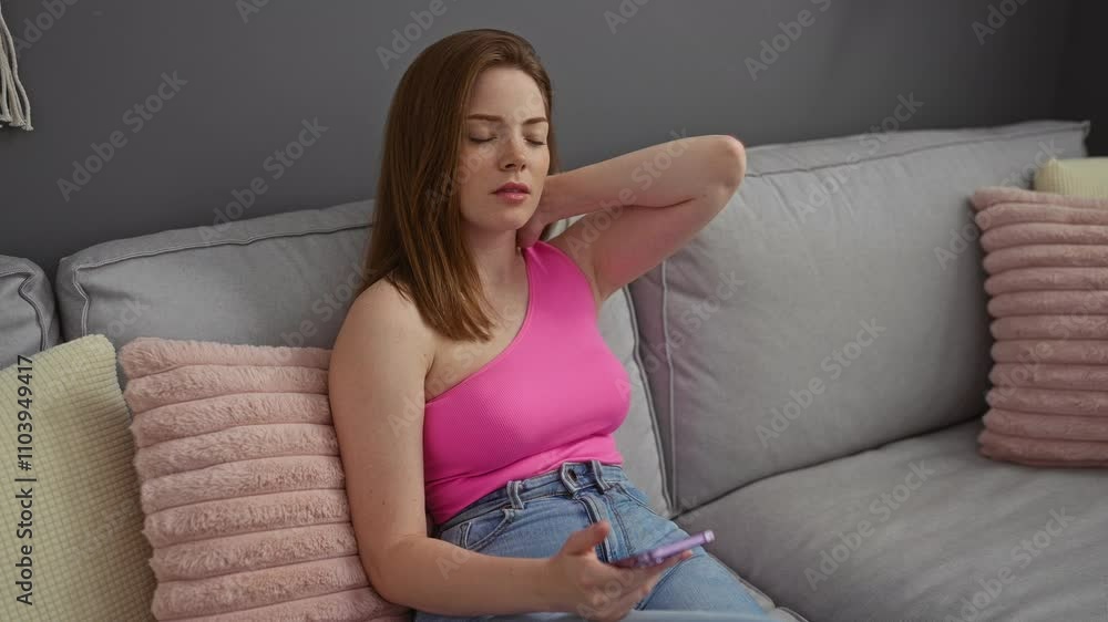 Young woman with red hair in pink top and jeans holding phone and touching sore neck while sitting on gray sofa in cozy living room of her home Young woman with red hair in pink top and jeans holding phone and touching sore neck while sitting on gray sofa in cozy living room of her home