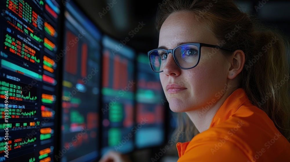 Female trader focused on stock market graphs and data analysis in orange shirt
