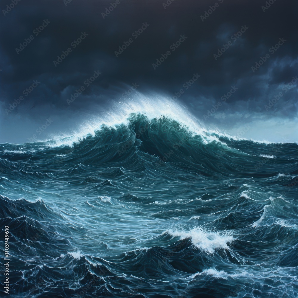 Fototapeta premium Powerful Ocean Waves Crashing Against a Dark Stormy Sky