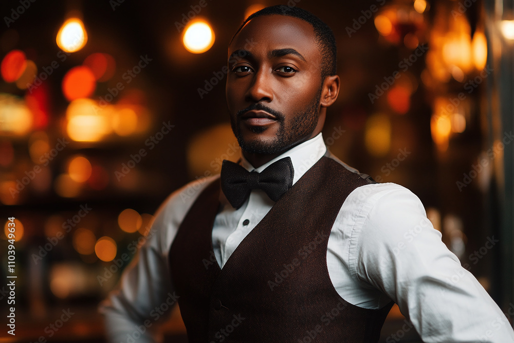 A sophisticated black man in waistcoat and bowtie, jazz club atmosphere. A sophisticated black man in waistcoat and bowtie, jazz club atmosphere.