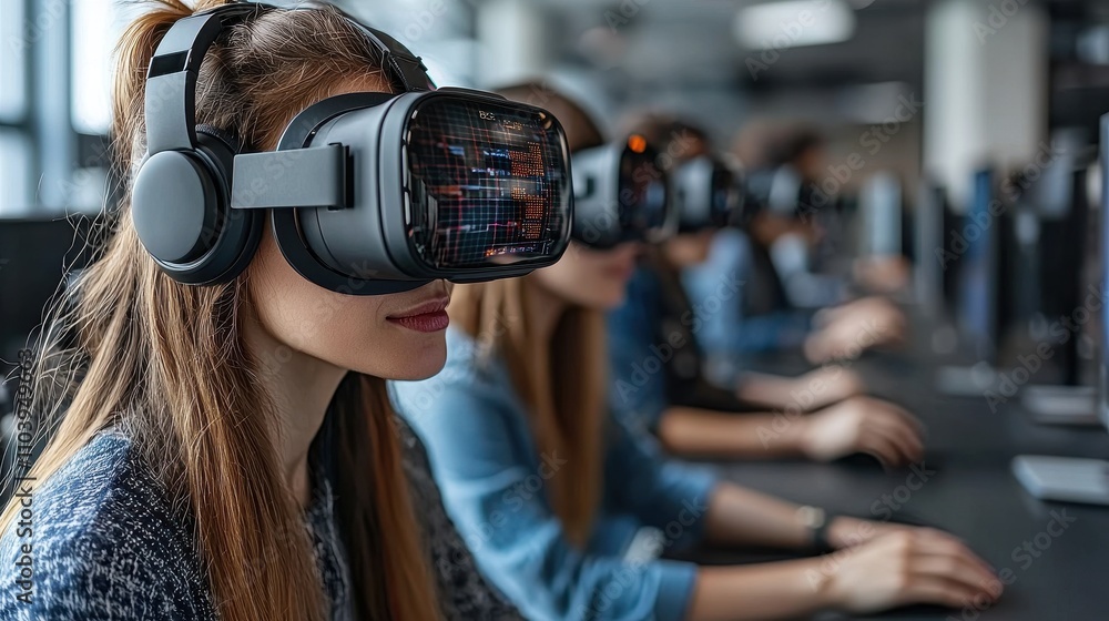 Young People Engaged in Virtual Reality Experience with Headsets in Modern Office Young People Engaged in Virtual Reality Experience with Headsets in Modern Office