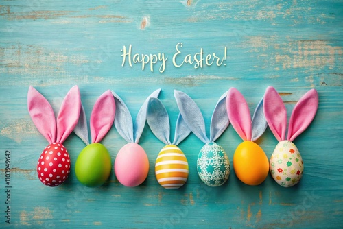 Vintage Easter Postcard with Colorful Eggs and Bunny Ears on a Soft Blue Background, Perfect for Celebrating Easter with Cheerful Decorations and Warm Wishes