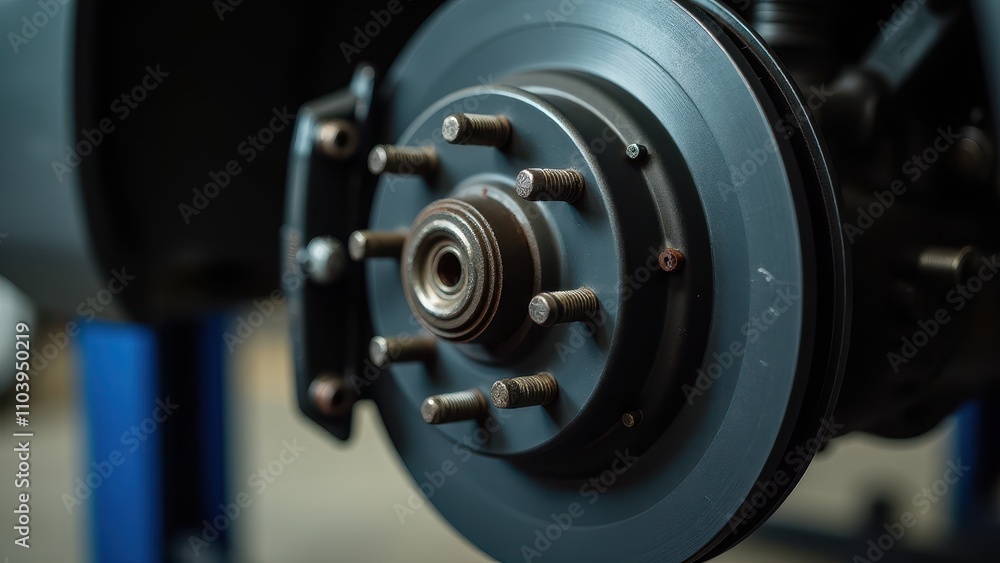Screws and bolts for car modifications. Close-up of a vehicle brake disc and hub assembly in a garage setting, showcasing its metallic design and fine details. Screws and bolts for car modifications. Close-up of a vehicle brake disc and hub assembly in a garage setting, showcasing its metallic design and fine details.