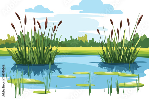 Swamp pond landscape with reed and cattail. Overgrown pond shore. Vector