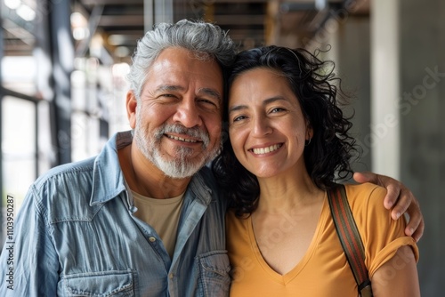 Portrait of a cheerful latino couple in their 50s sporting a breathable hiking shirt while standing against empty modern loft background