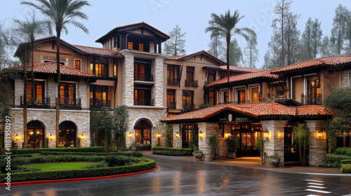 Luxurious hotel exterior with Mediterranean architecture, palm trees, and elegant lighting. serene atmosphere enhances beauty of this stunning property