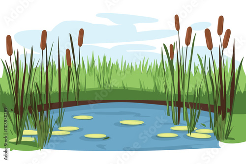 Swamp pond landscape with reed and cattail. Overgrown pond shore. Vector