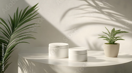 Wallpaper Mural Minimalist Display of White Cosmetic Jars on a Bright Surface with Greenery in Soft Light Torontodigital.ca