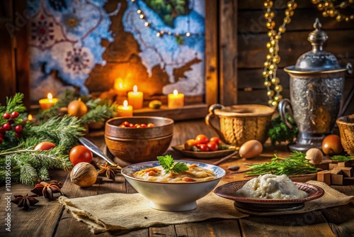 Vintage Food Photography Featuring Finnish Cuisine with an Old Paper Map of Finland as a Unique Backdrop for Culinary Delights and Rustic Dining Experience