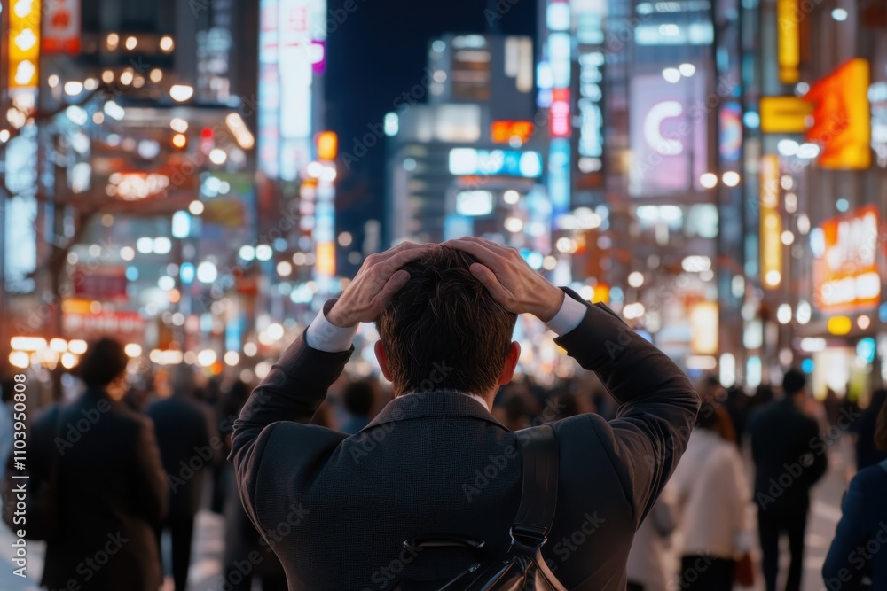 Obraz premium A businessman stands with his hands on his head in a bustling city, overwhelmed by the bright lights and crowd, symbolizing the stress of urban living.