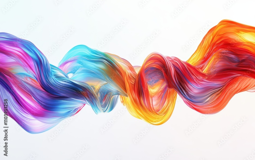 Swirling streams of liquid paint in rainbow colors, intertwining in mid-motion and forming flowing patterns on a clean white surface