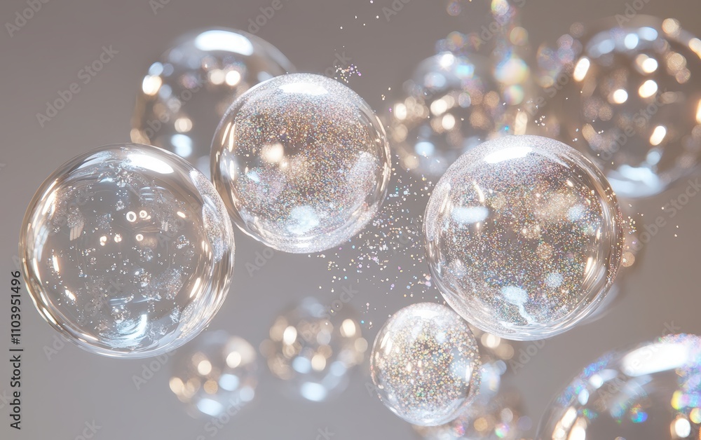 A group of transparent glass orbs filled with shimmering liquid and floating glitter, appearing to collide in mid-air and refracting light dramatically A group of transparent glass orbs filled with shimmering liquid and floating glitter, appearing to collide in mid-air and refracting light dramatically