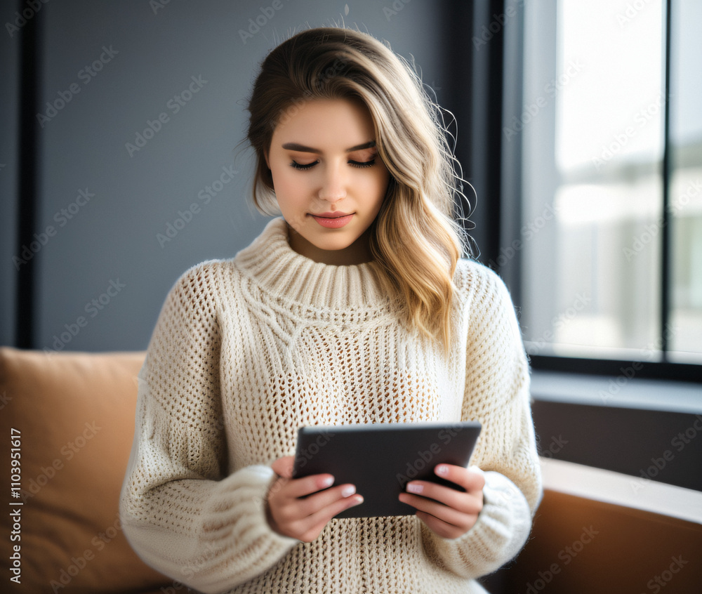 A young woman wearing a knitted sweater and holding a tablet exudes warmth and comfort in a modern technological setting. A young woman wearing a knitted sweater and holding a tablet exudes warmth and comfort in a modern technological setting.