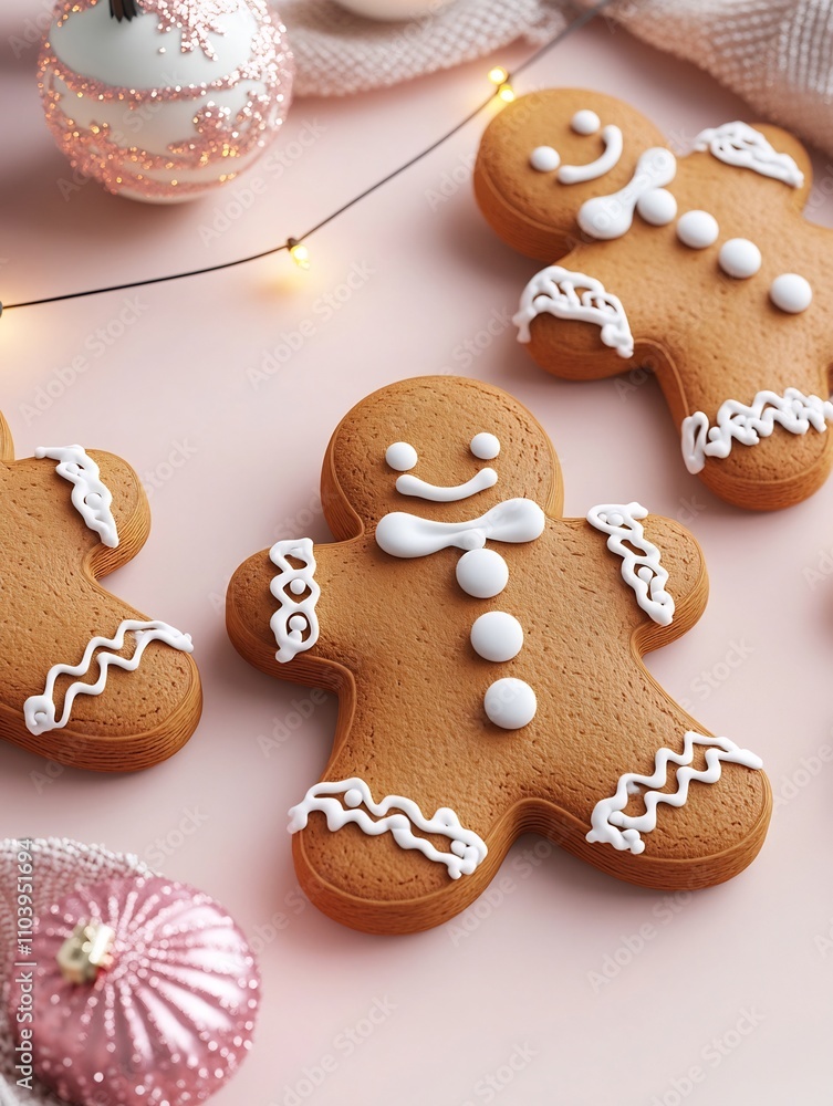 Festive Gingerbread Cookies with Cozy String Lights on Colorful Background Festive Gingerbread Cookies with Cozy String Lights on Colorful Background